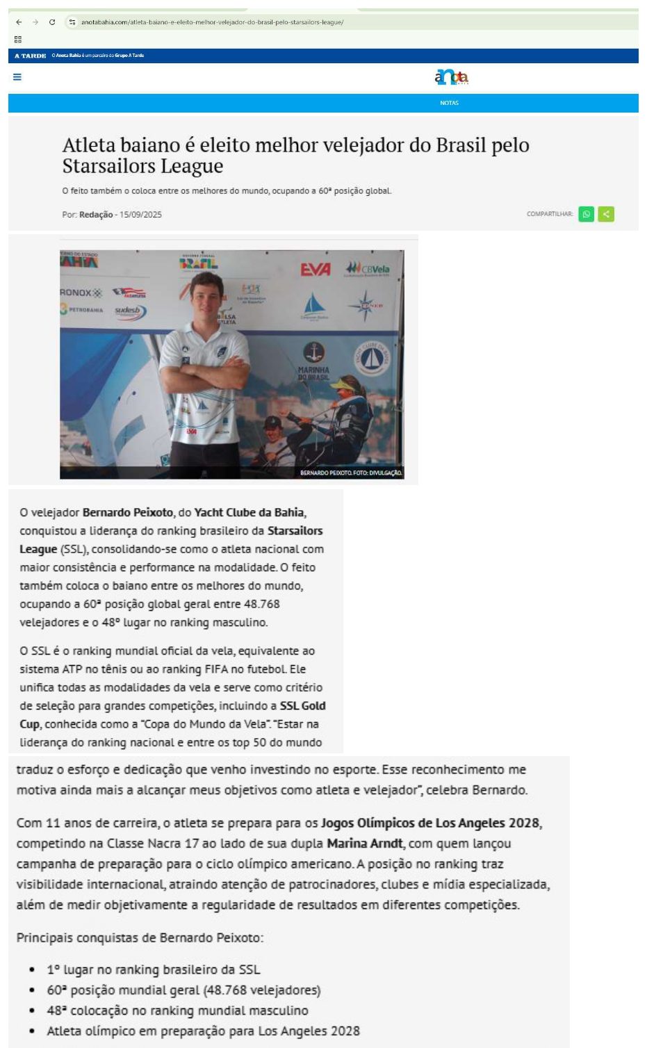 A Nota Bahia: Atleta baiano é eleito melhor velejador do Brasil pela Starsailors League