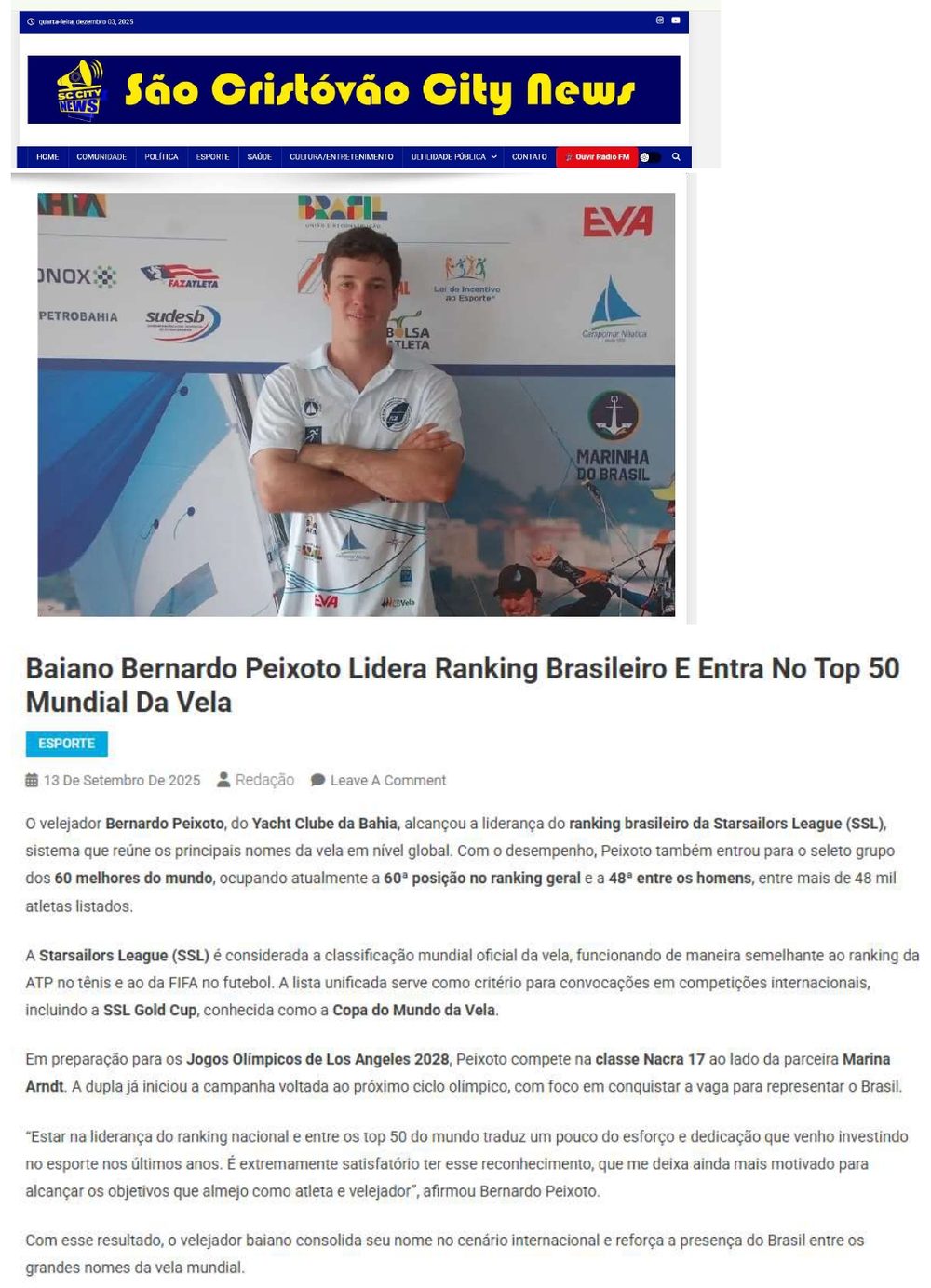 São Cristóvão City News: Baiano Bernardo Peixoto lidera ranking brasileiro e entra no top 50 mundial da vela